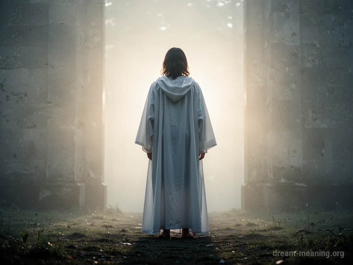 A solitary figure in a white robe against a bright, soft light.