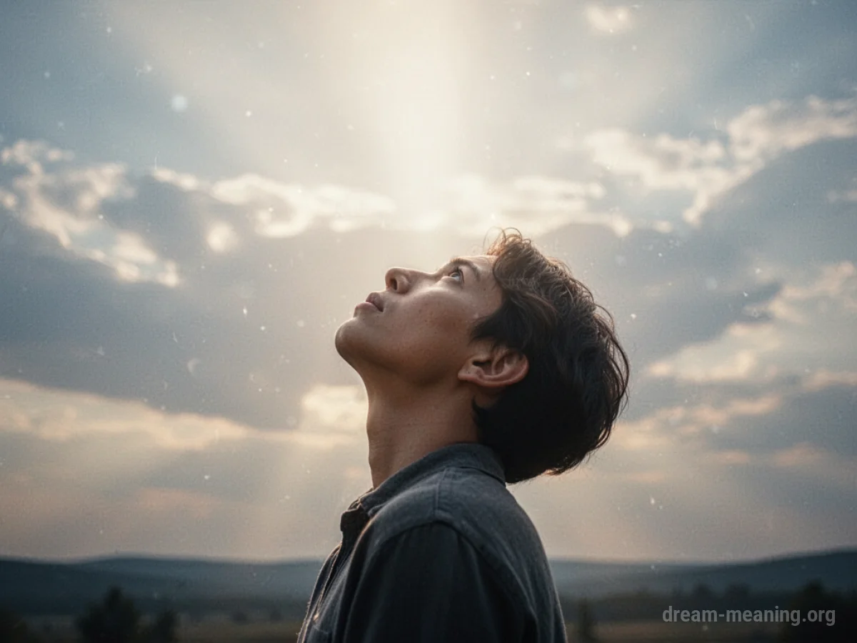 A silhouette of a person looking up at a bright light in the sky.