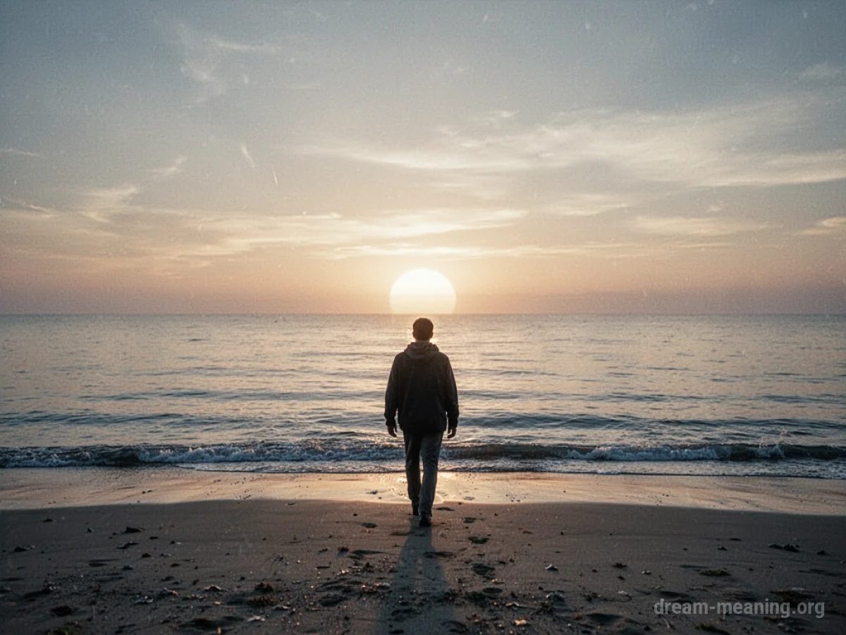 A person walking towards a bright horizon over a calm ocean.