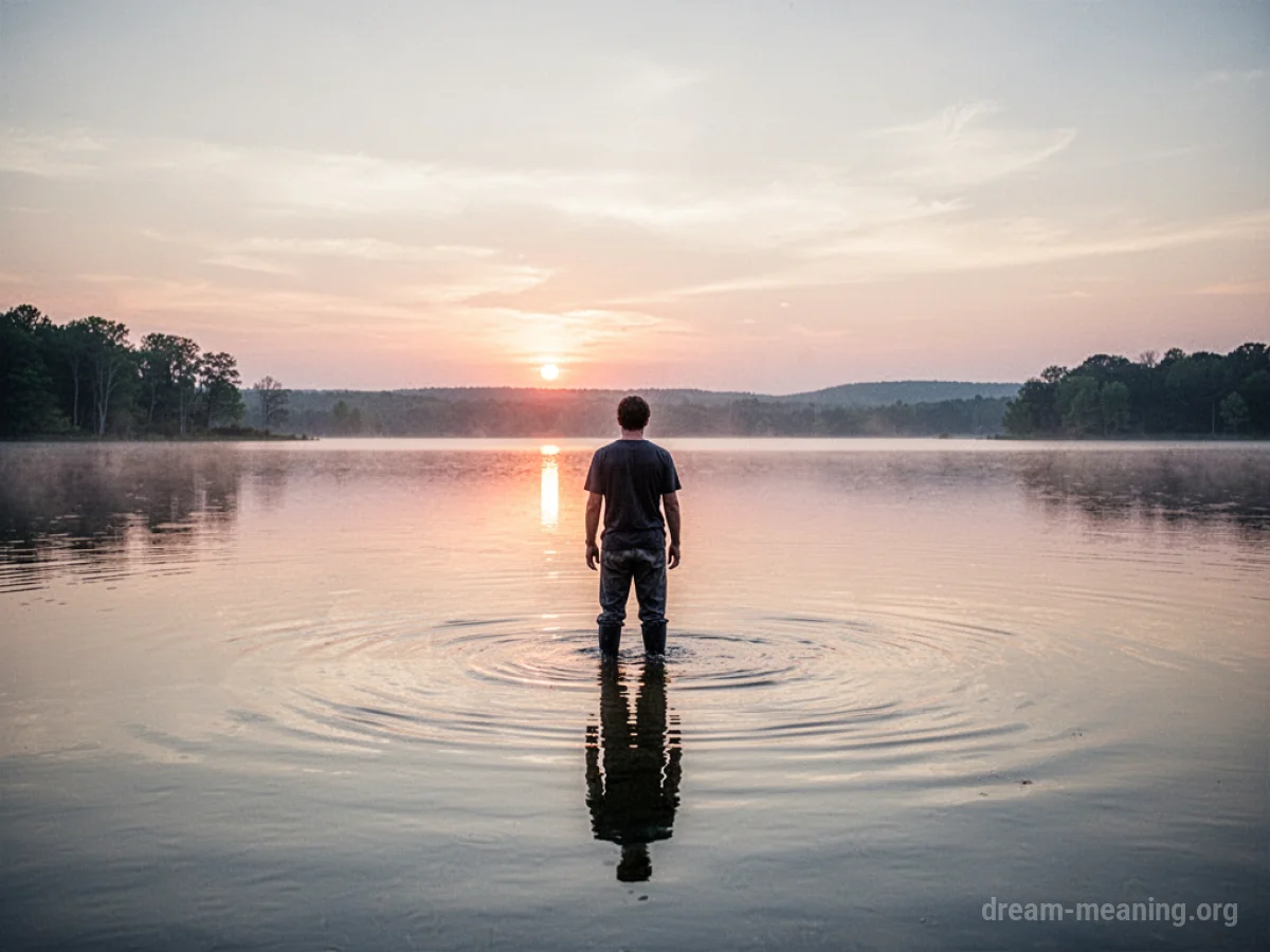 A person stands on a serene lake surface at dawn.
