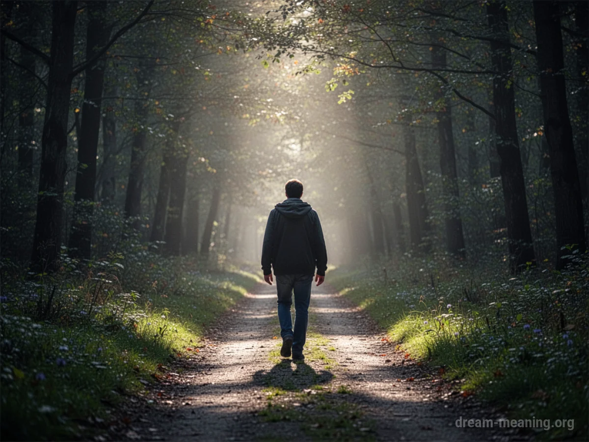 A person walks on a path toward a glowing light in the distance.