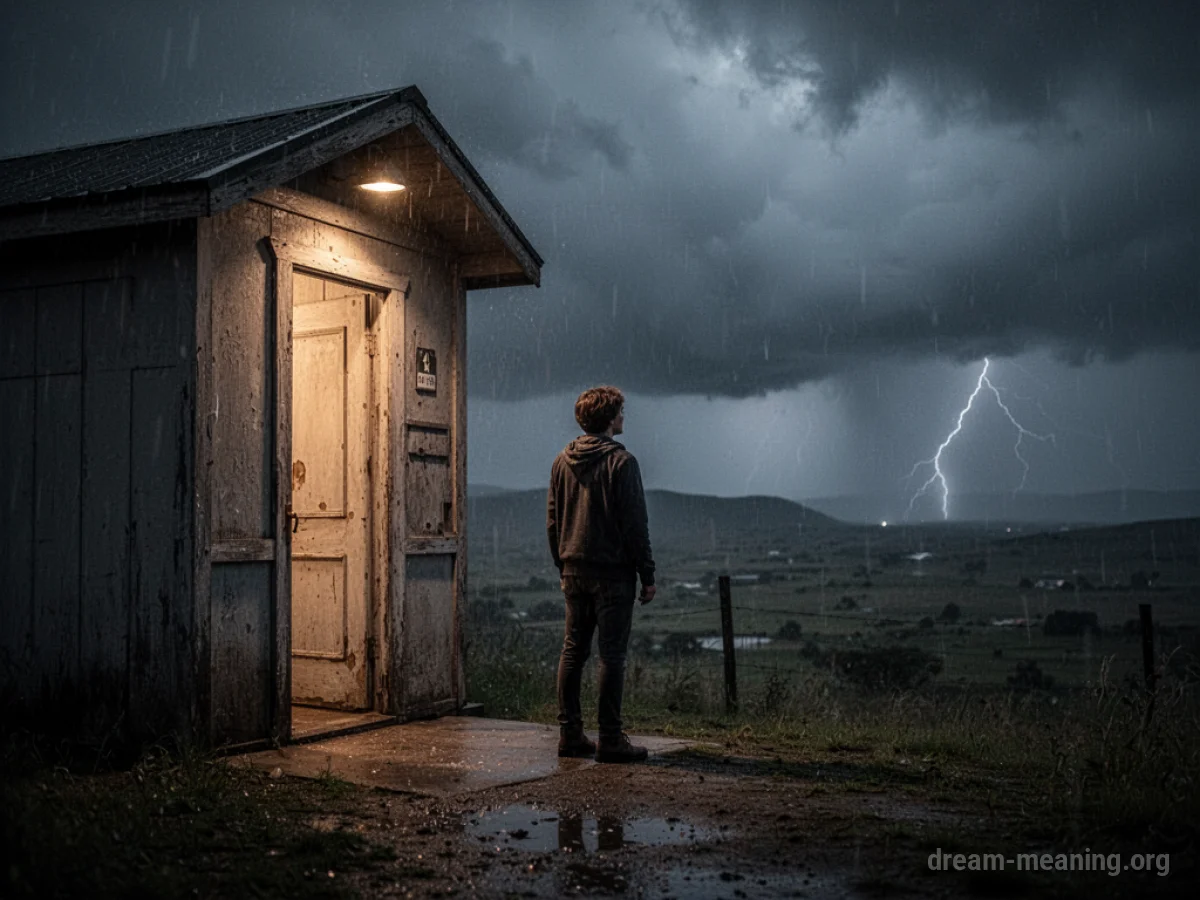 A person silhouetted in a doorway looking out at a dark, stormy night.