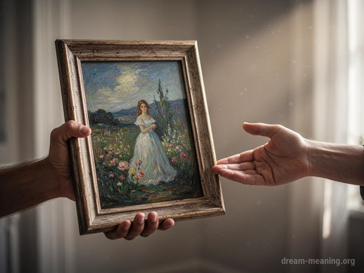 A hand presents a framed painting to another outstretched hand.