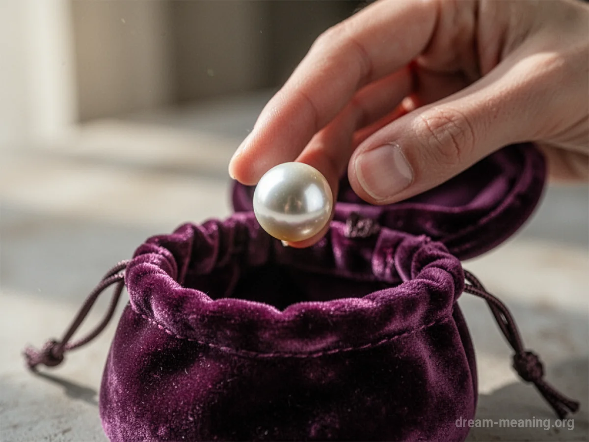 A hand presenting a pearl above an open pouch.