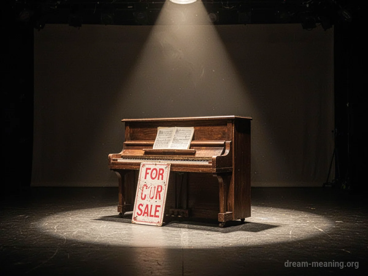 An upright piano with a 'For Sale' sign next to it on a stage.