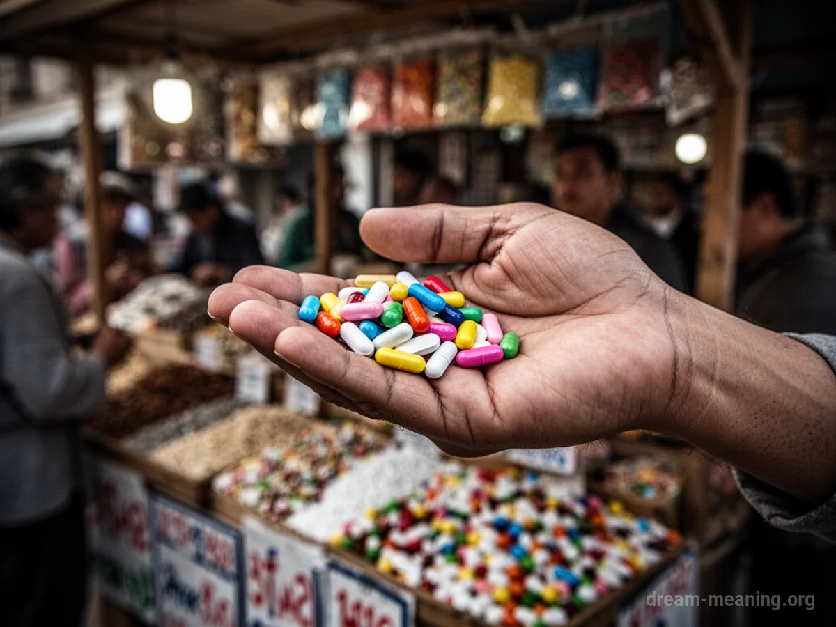 A hand extending several small, colorful pills.