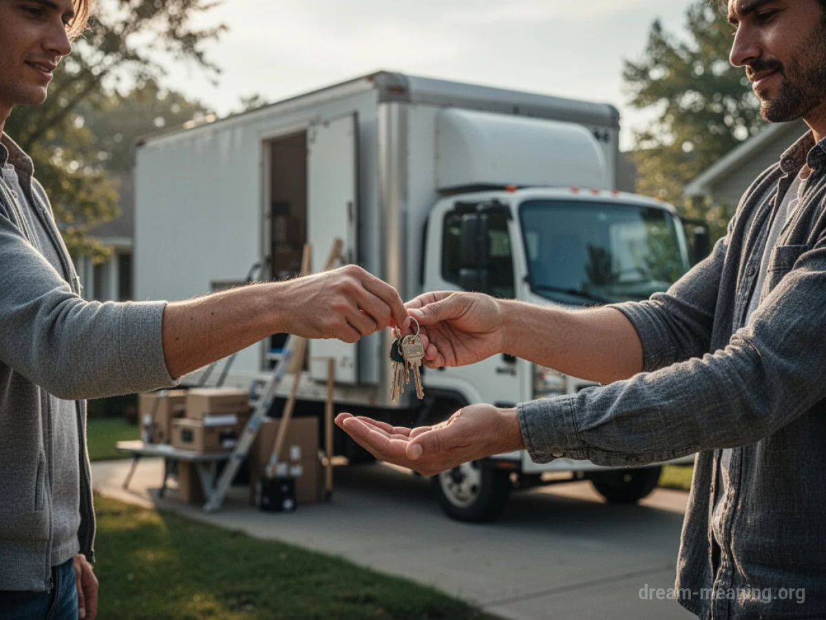 A person handing house keys to another person, with a moving truck visible.