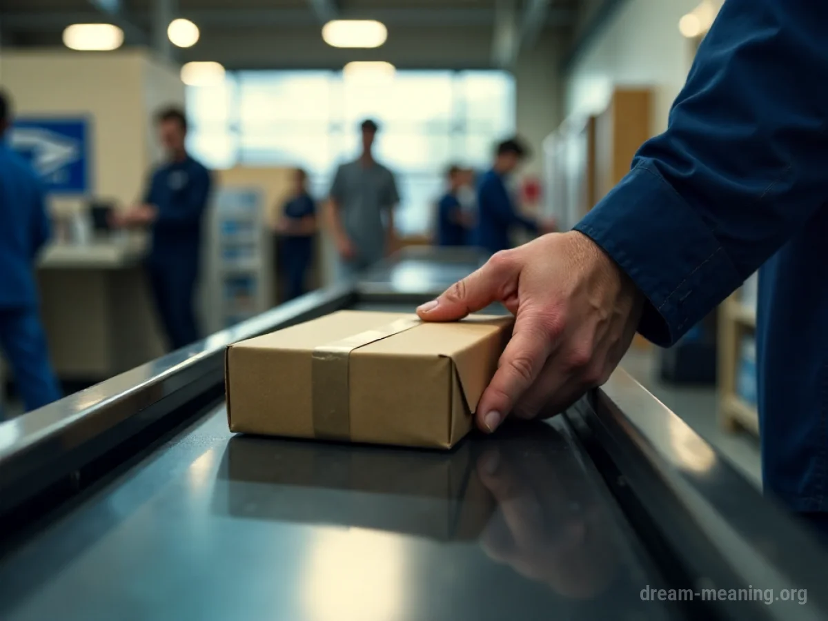 Hands placing a cardboard box on a conveyor belt.