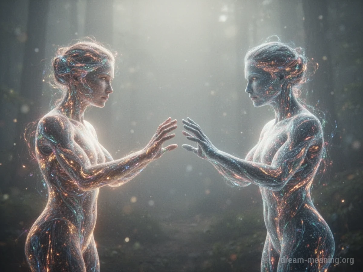 Two abstract, luminous forms reaching towards one another.