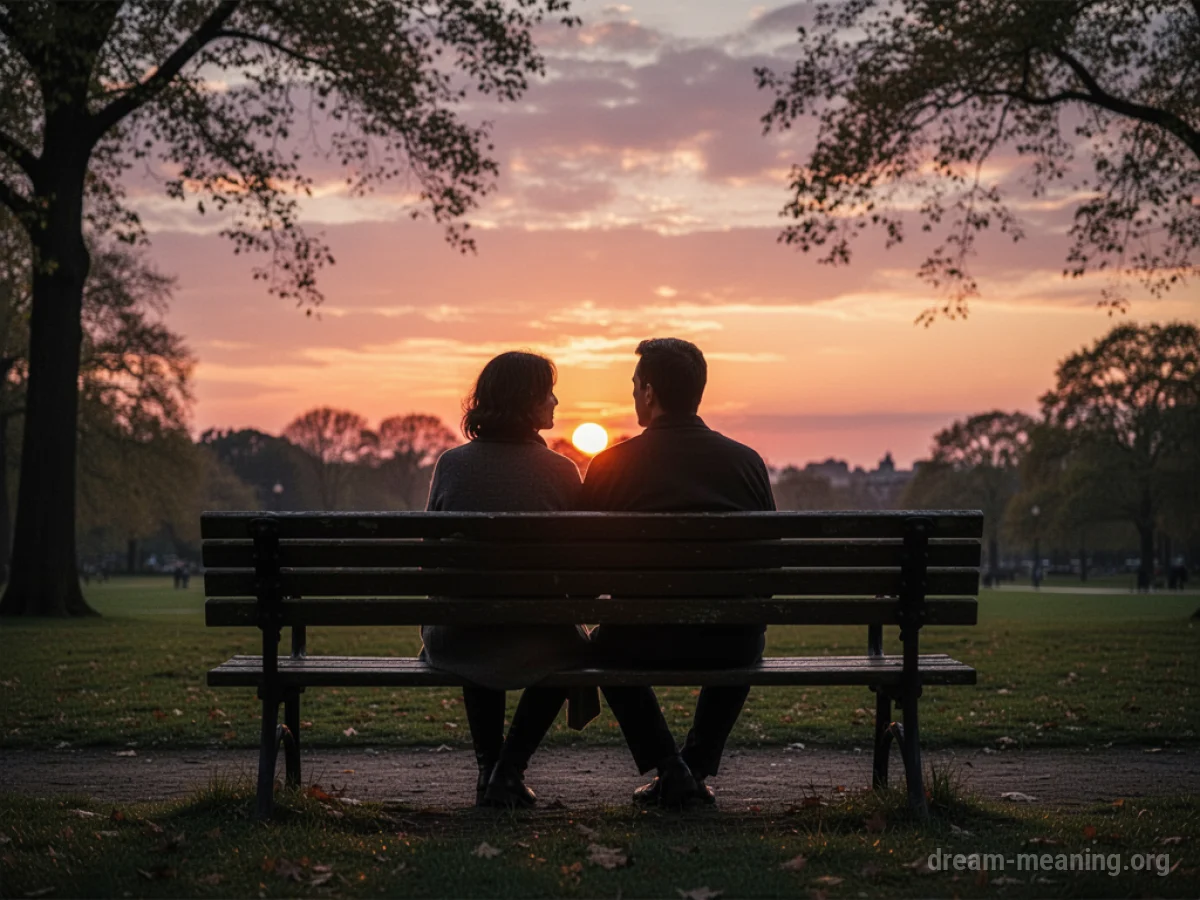 Two silhouetted figures sit together on a park bench against a sunset.