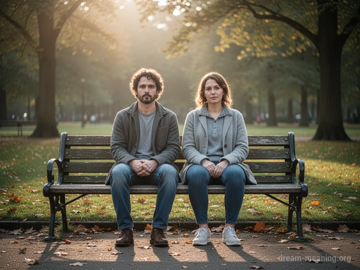 Two figures seated peacefully side-by-side on a park bench.
