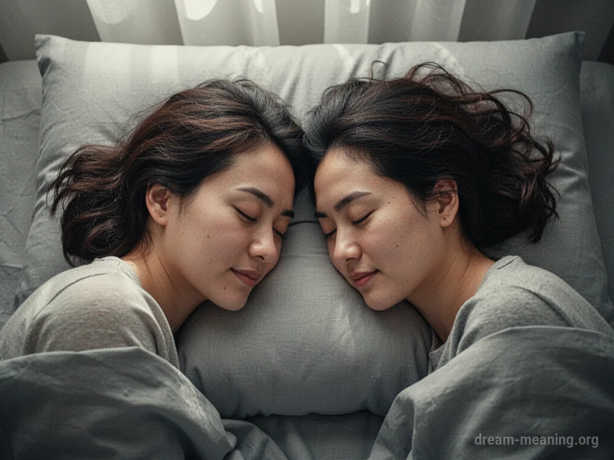 Two heads resting on a single pillow.
