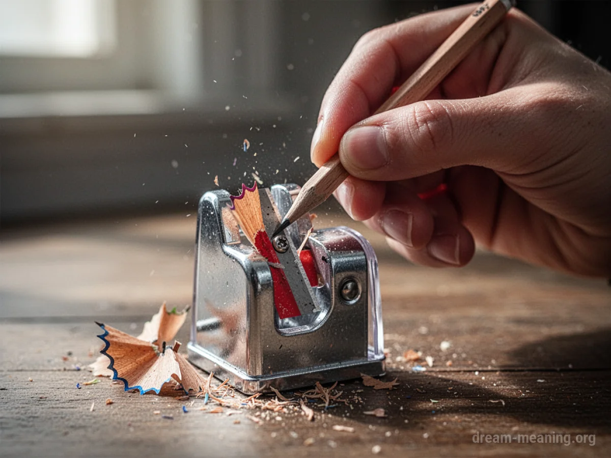A hand sharpening a wooden pencil with a pencil sharpener.