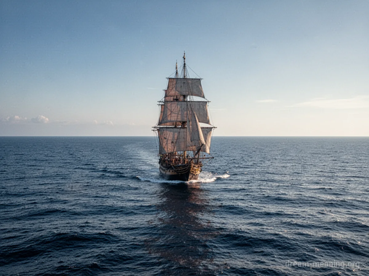 A sailing ship moving across an open ocean towards the horizon.