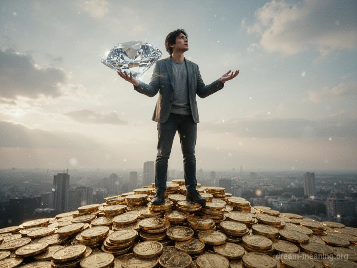 Person standing on a heap of gold coins and holding a large diamond.