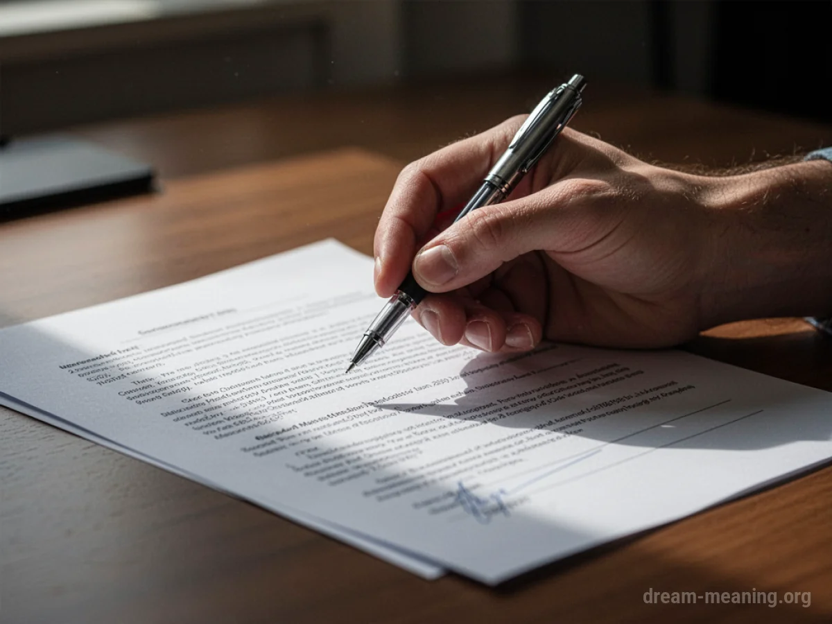 A hand with a pen poised above a document on a desk.