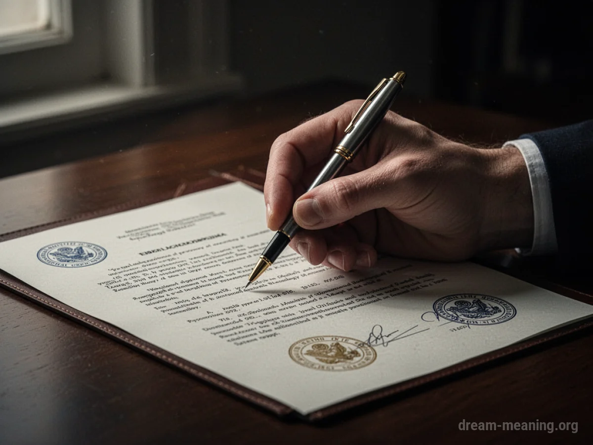 A hand with a pen about to sign a document with official seals.