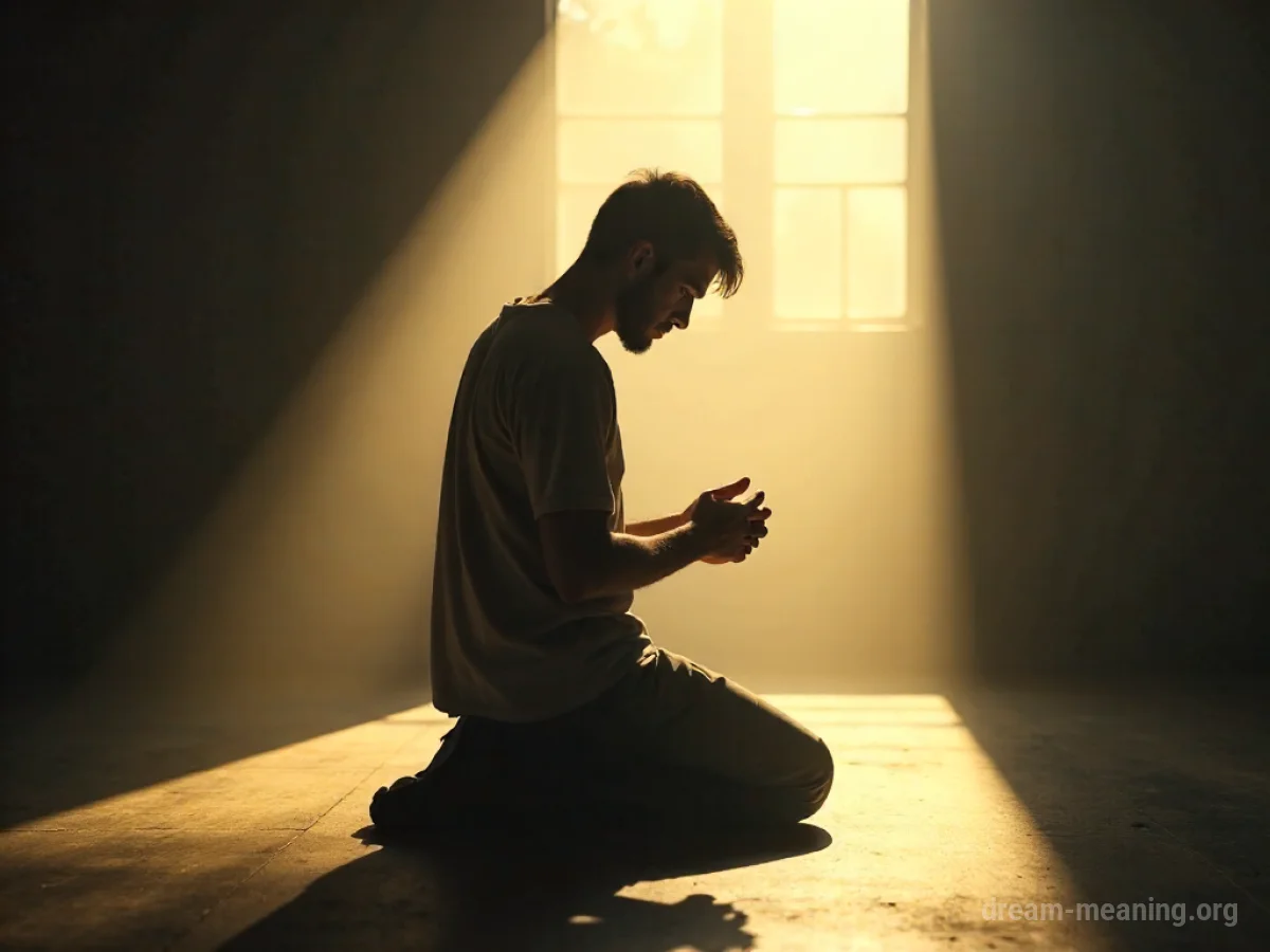 Person praying with eyes closed in a calm outdoor environment.