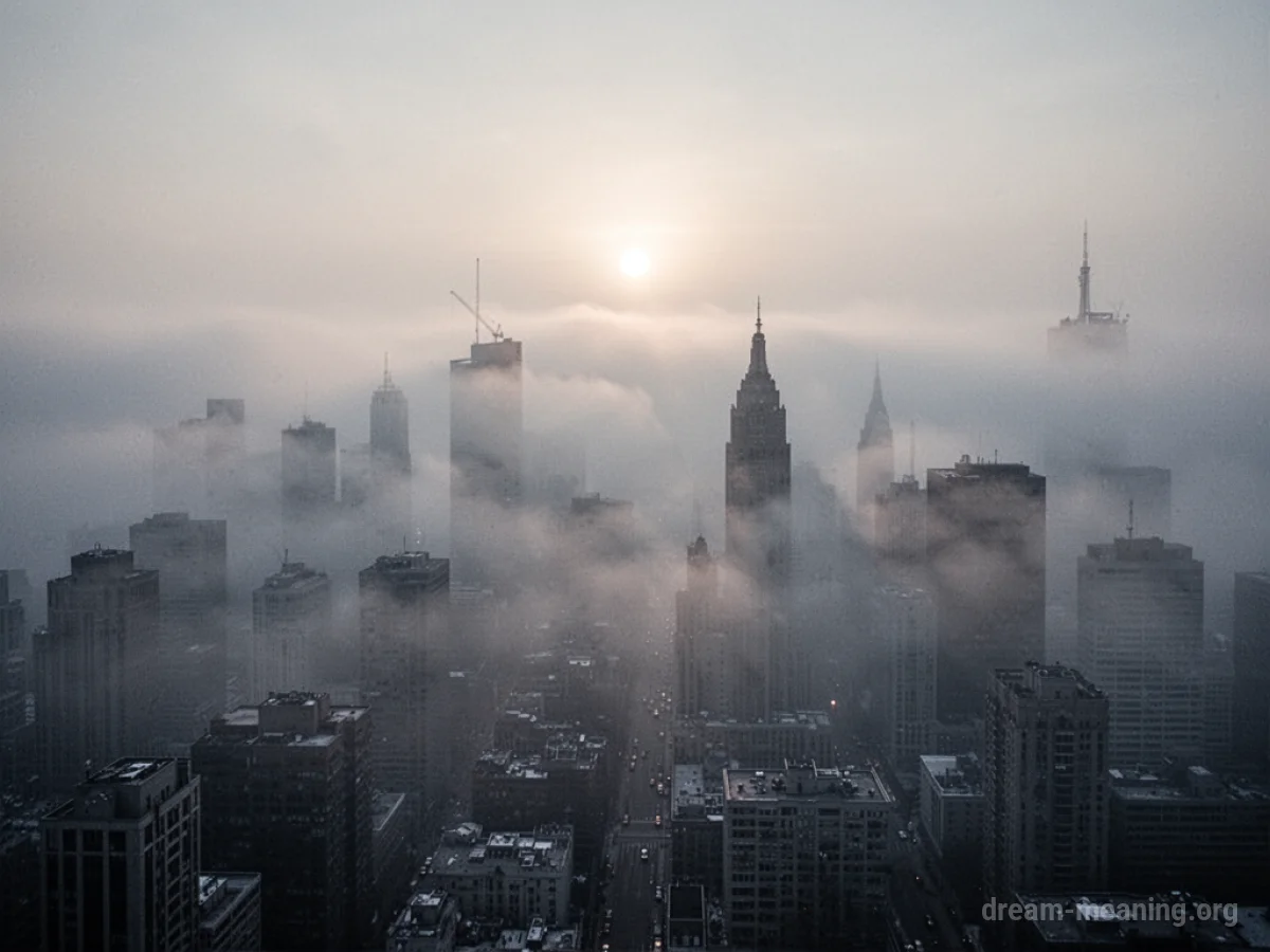 A thick layer of grey smog covers a city, making the sky appear opaque.