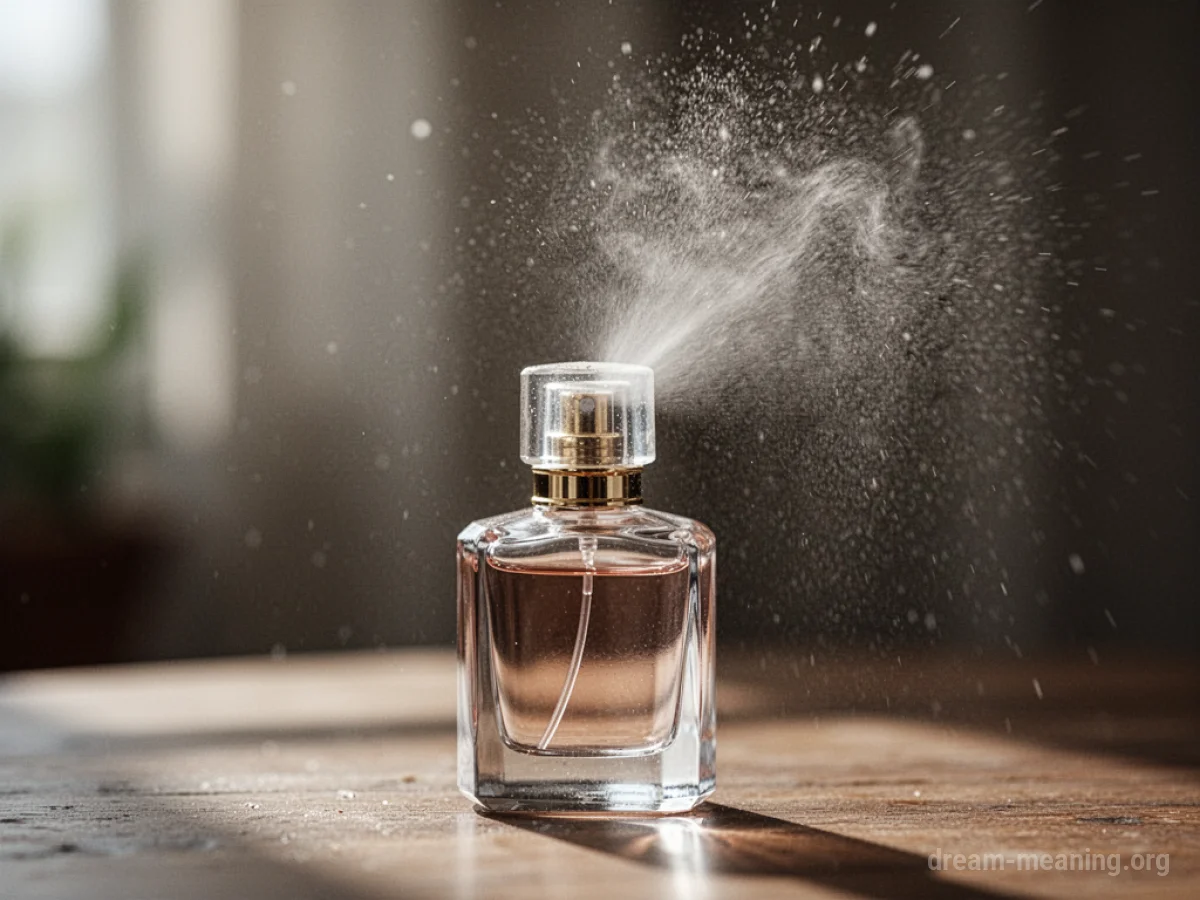 A hand holding a perfume bottle spraying a mist.
