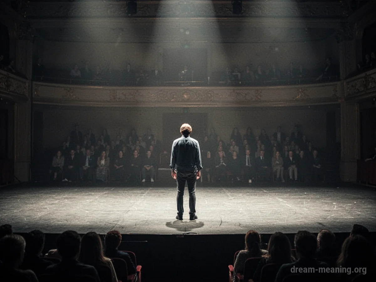 A solitary person on an empty stage with blurred shapes in the background.