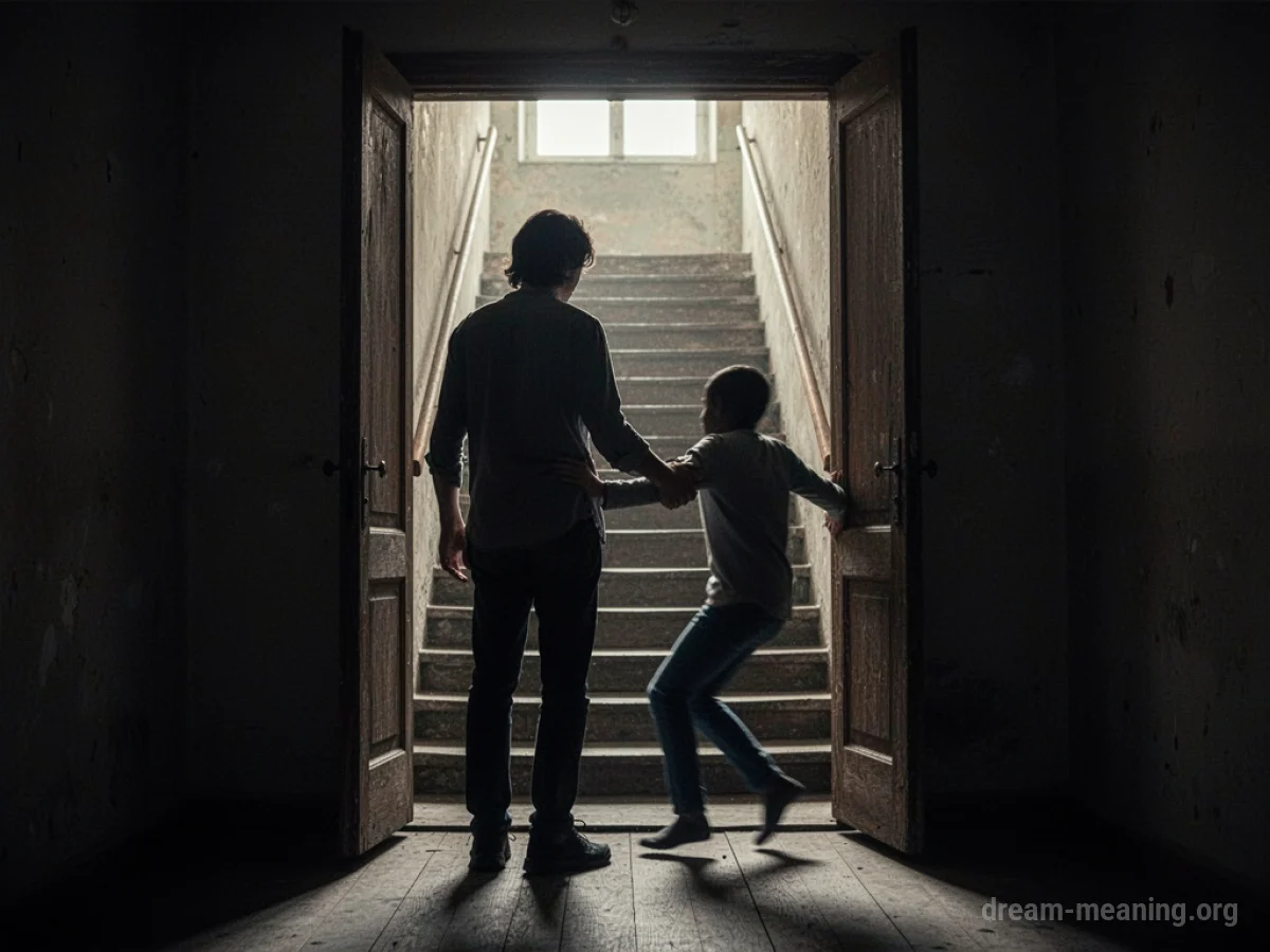 Silhouette of one person physically preventing another from moving forward through a doorway.