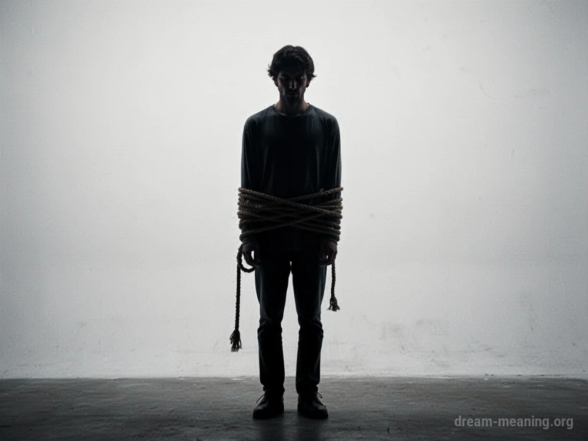 Silhouette of a bound figure against a plain background.