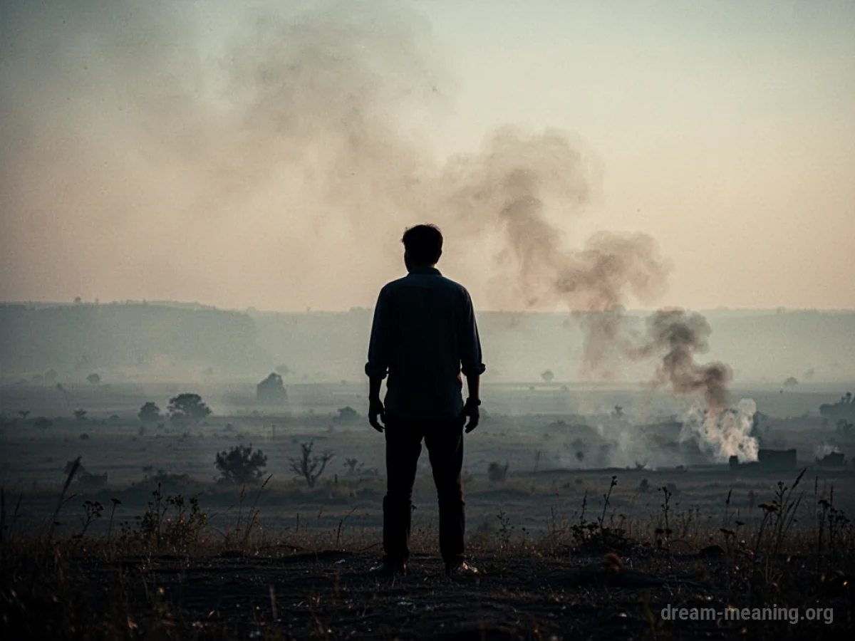 Silhouette of a person against a backdrop of environmental haze and distant smoke.