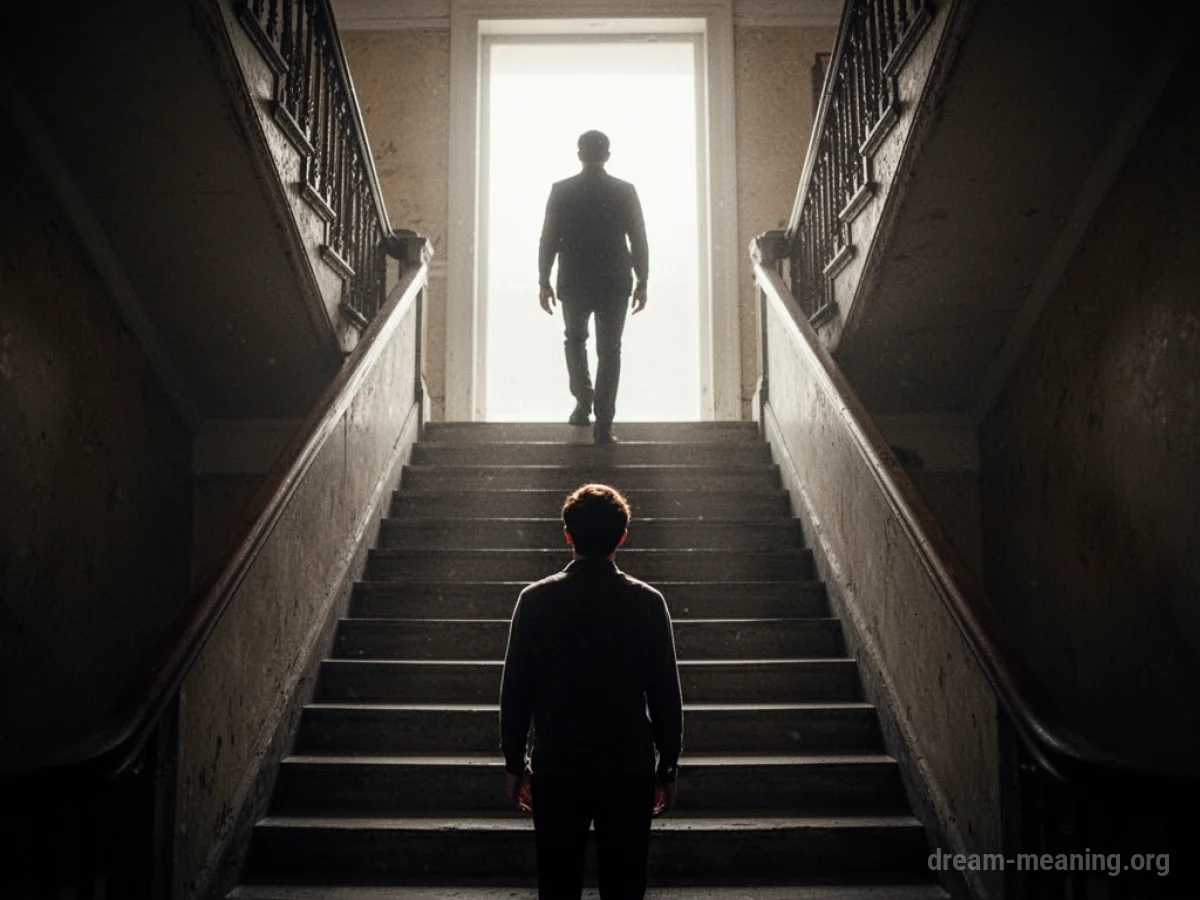 Silhouette of a person ascending a staircase towards light, another person watching from below.