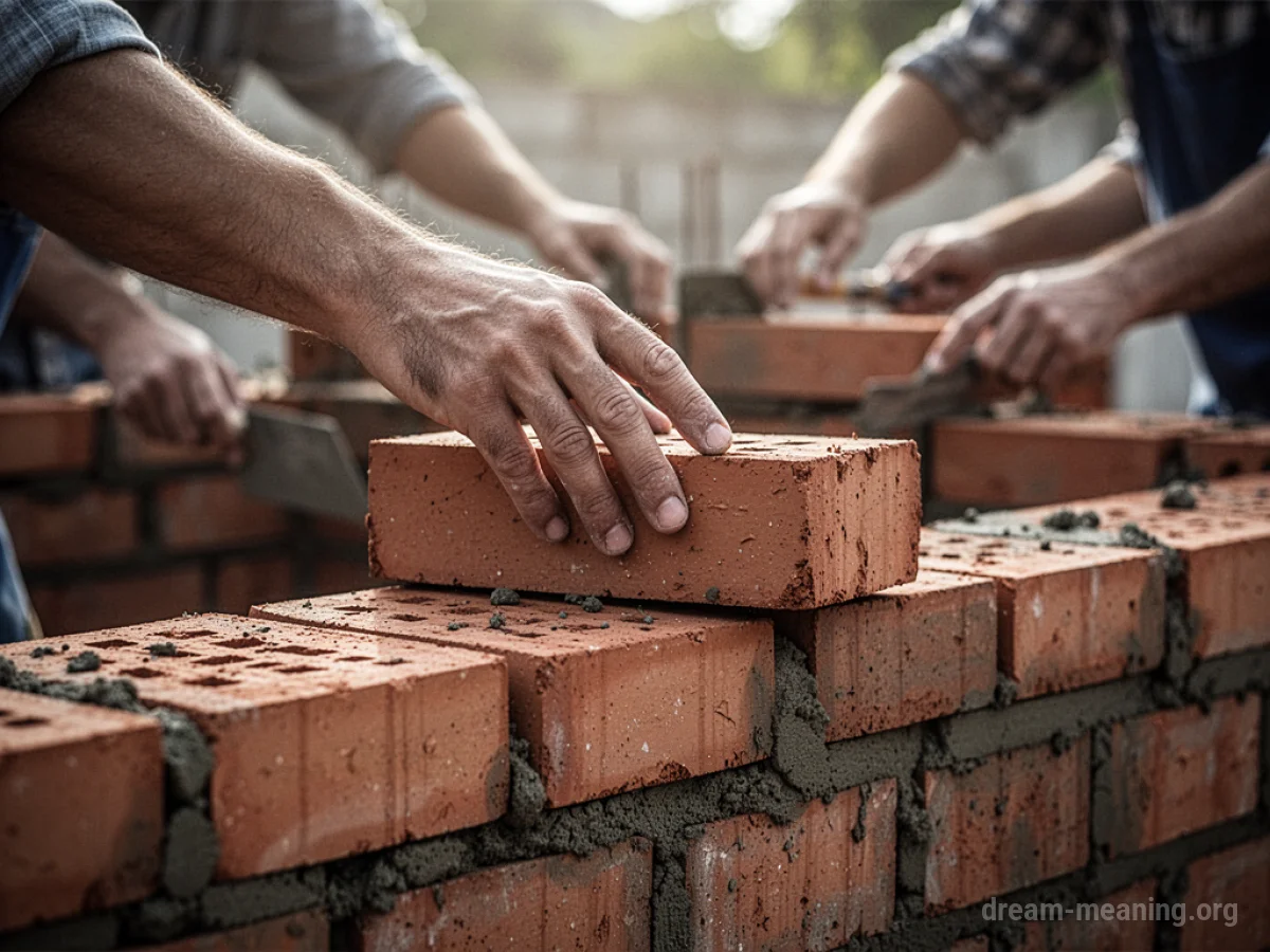A hand adding a brick to a wall with other hands in the background.