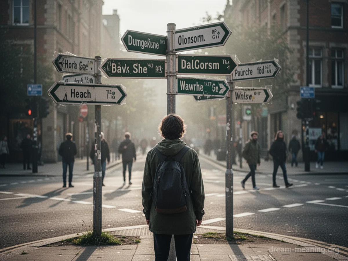 A person stands at a crossroads with many directional signs.
