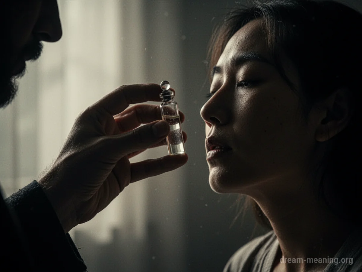A shadowy hand offers a small vial to a person who is looking away.