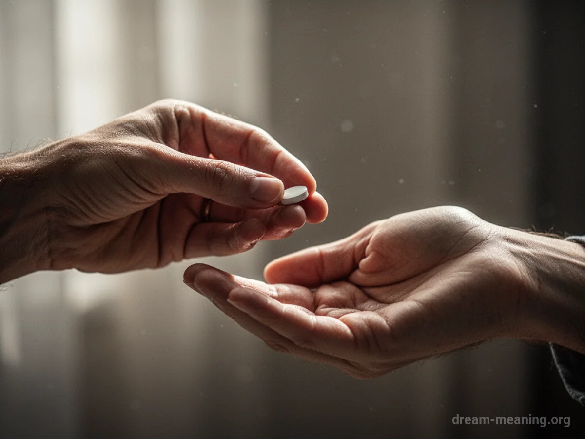 A hand holds out a single pill towards another hand.
