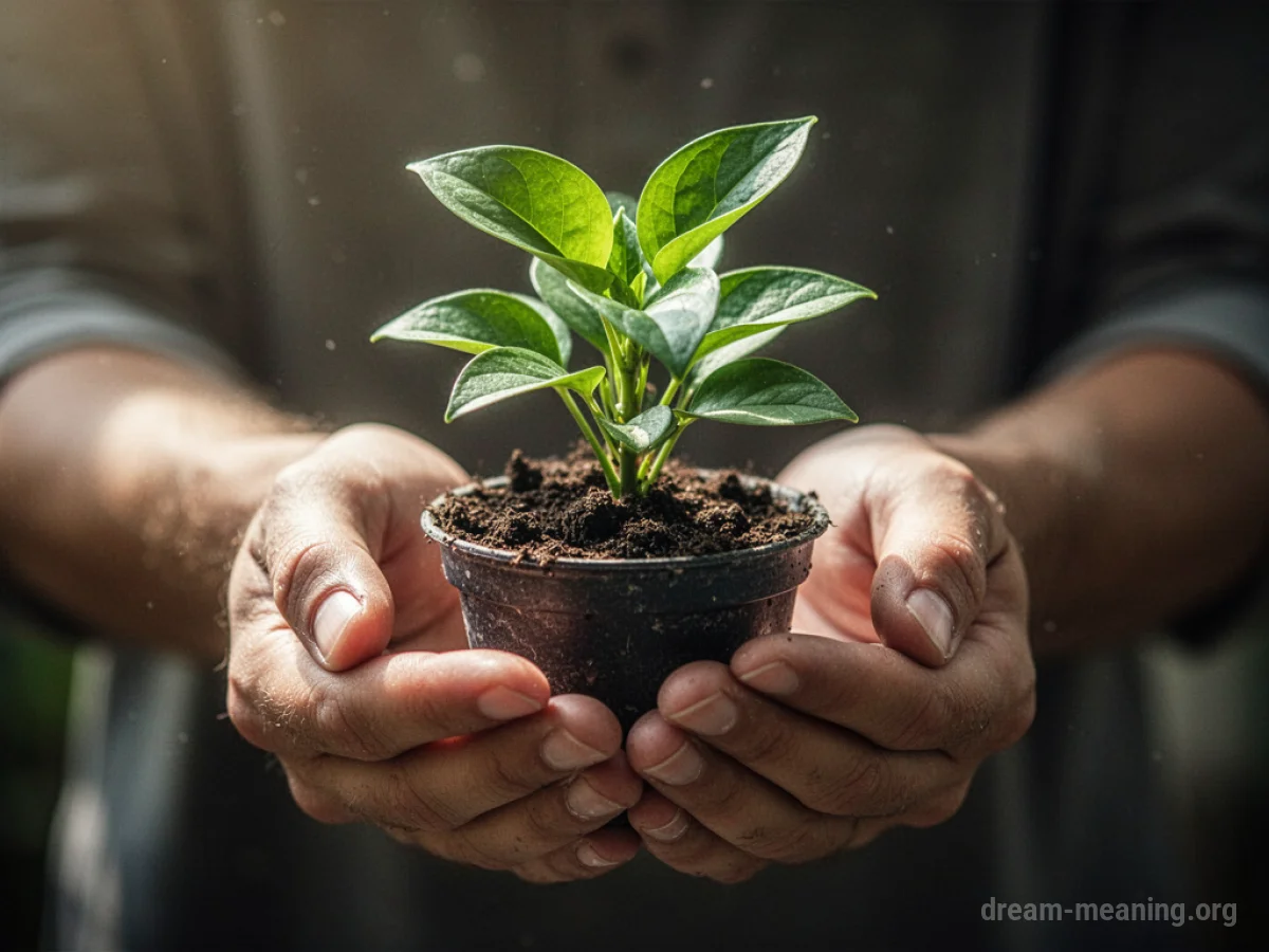 Two hands holding a small green plant.