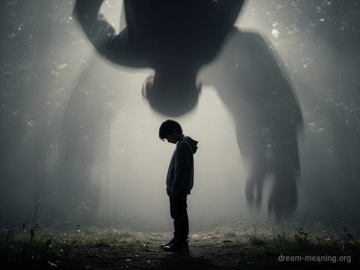 A small silhouette figure is overshadowed by a larger, darker silhouette.
