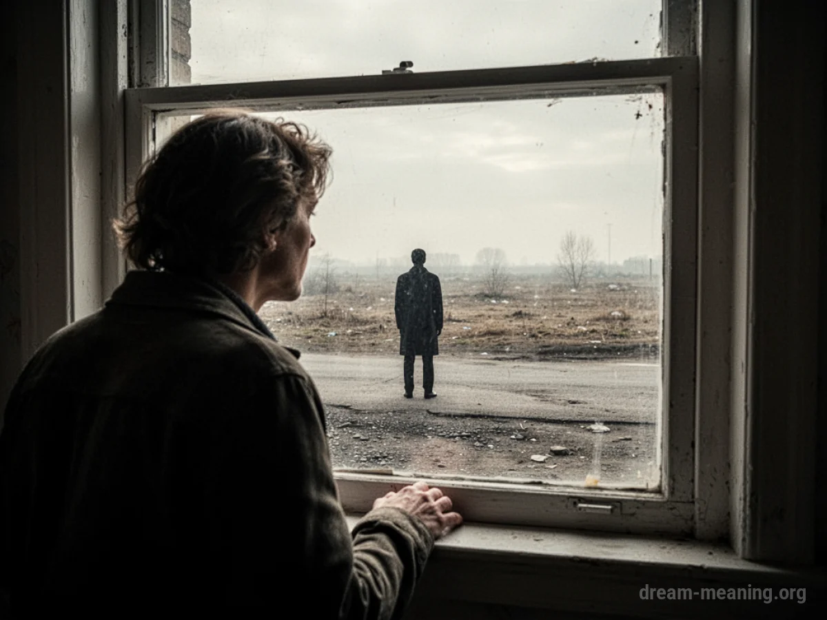 A silhouette of a person stands on a desolate street, viewed from a distant window.