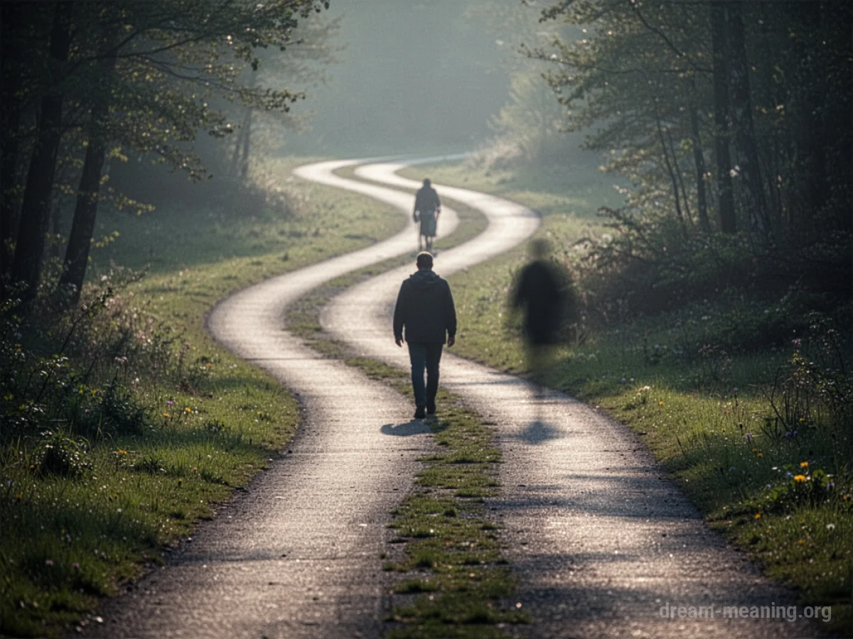 A person walking on a path with another shadowy figure nearby.