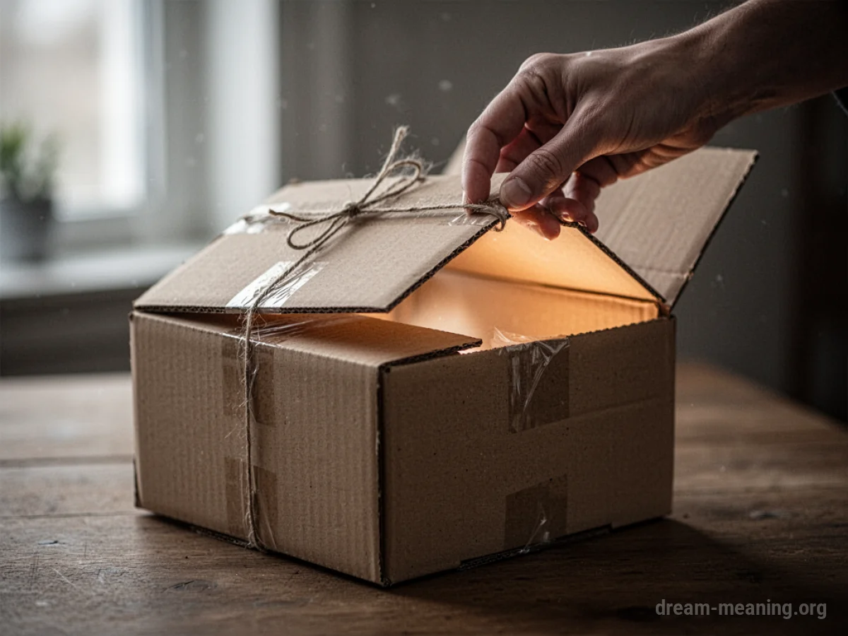 A person's hand is in the process of opening a closed cardboard box.