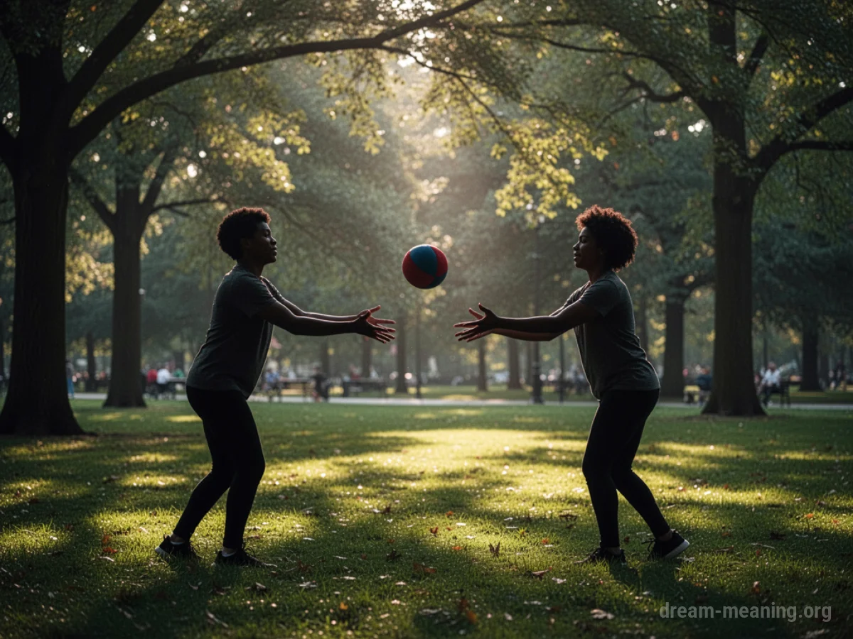 Two silhouetted figures playing catch in a park.