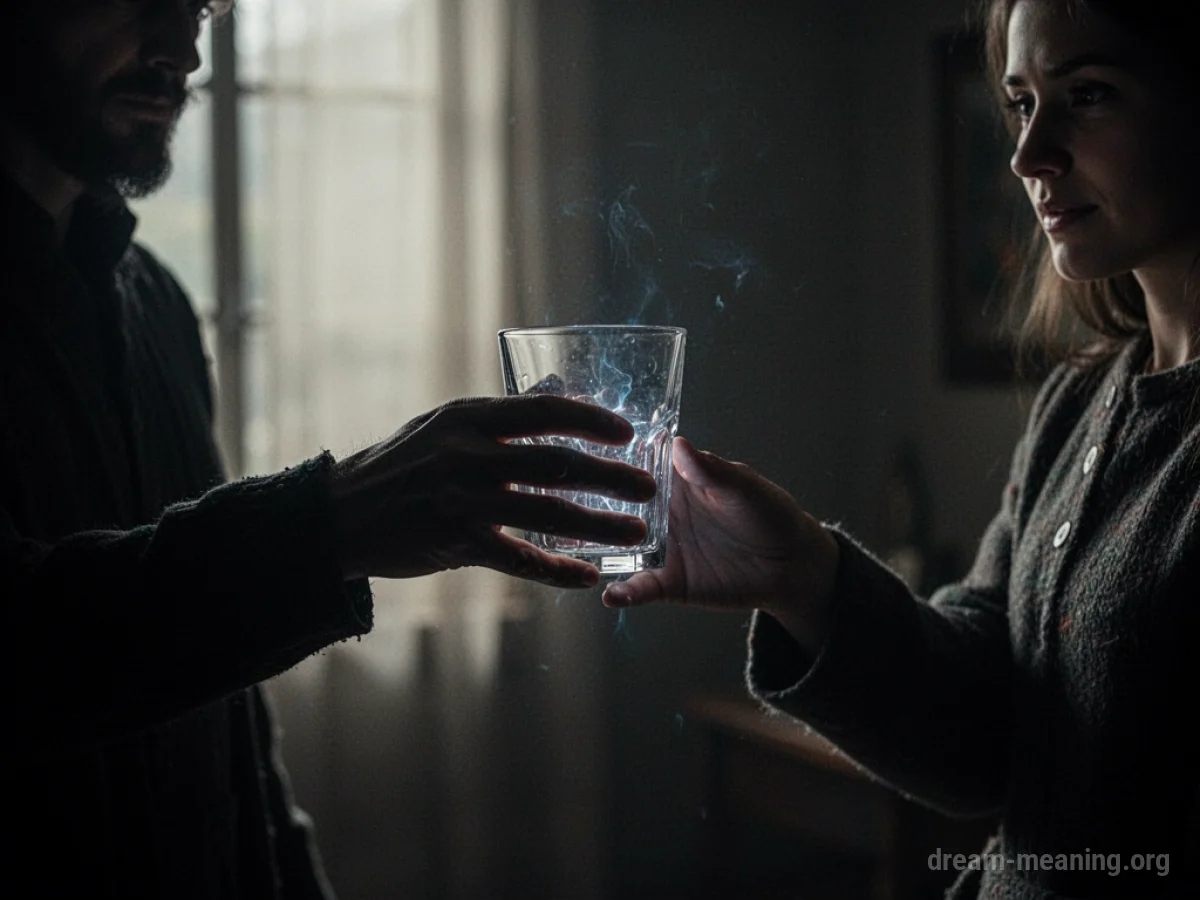 A silhouette of a hand offering a glowing glass to another figure.