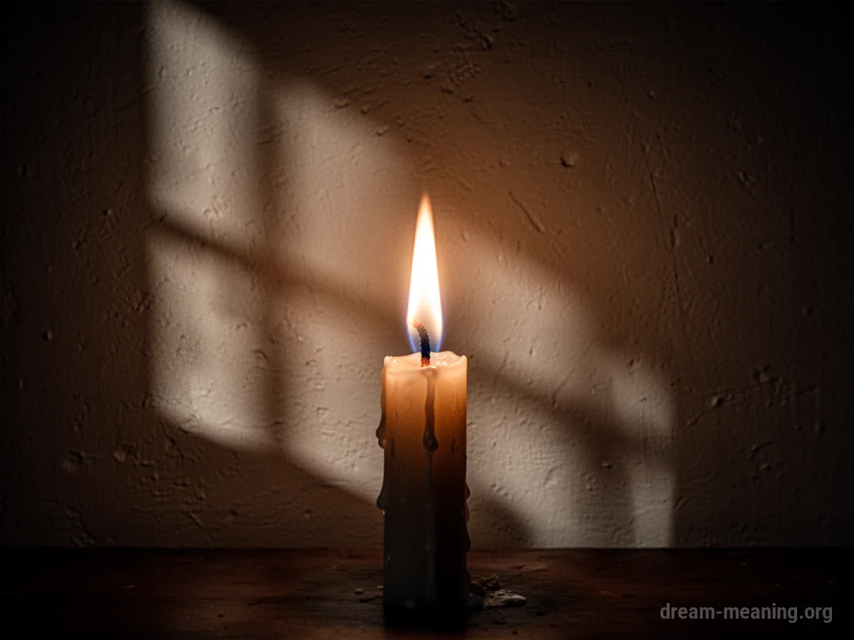 A solitary candle flame glowing in a dark space.