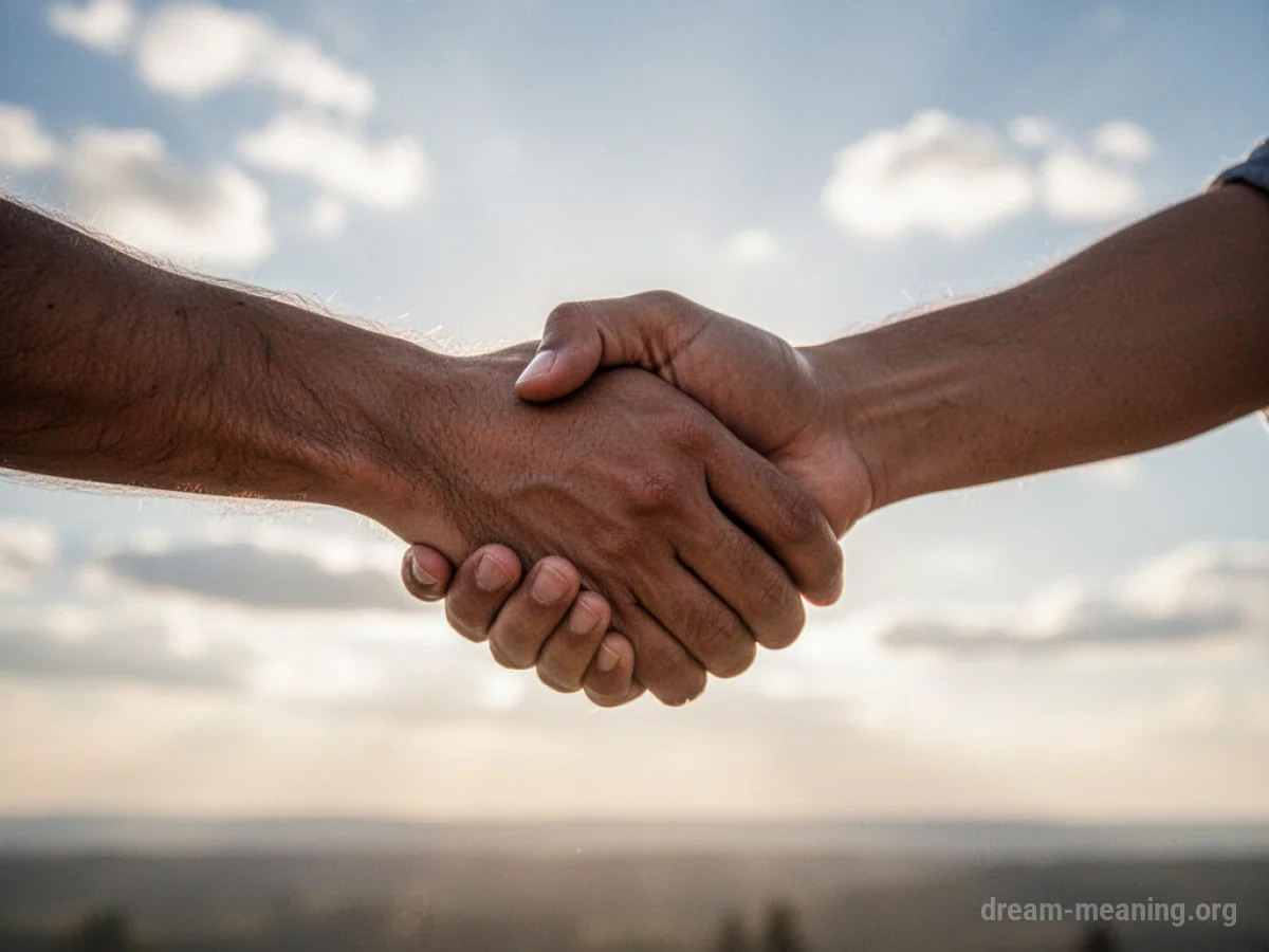 Two people shaking hands against a bright, blurred sky.