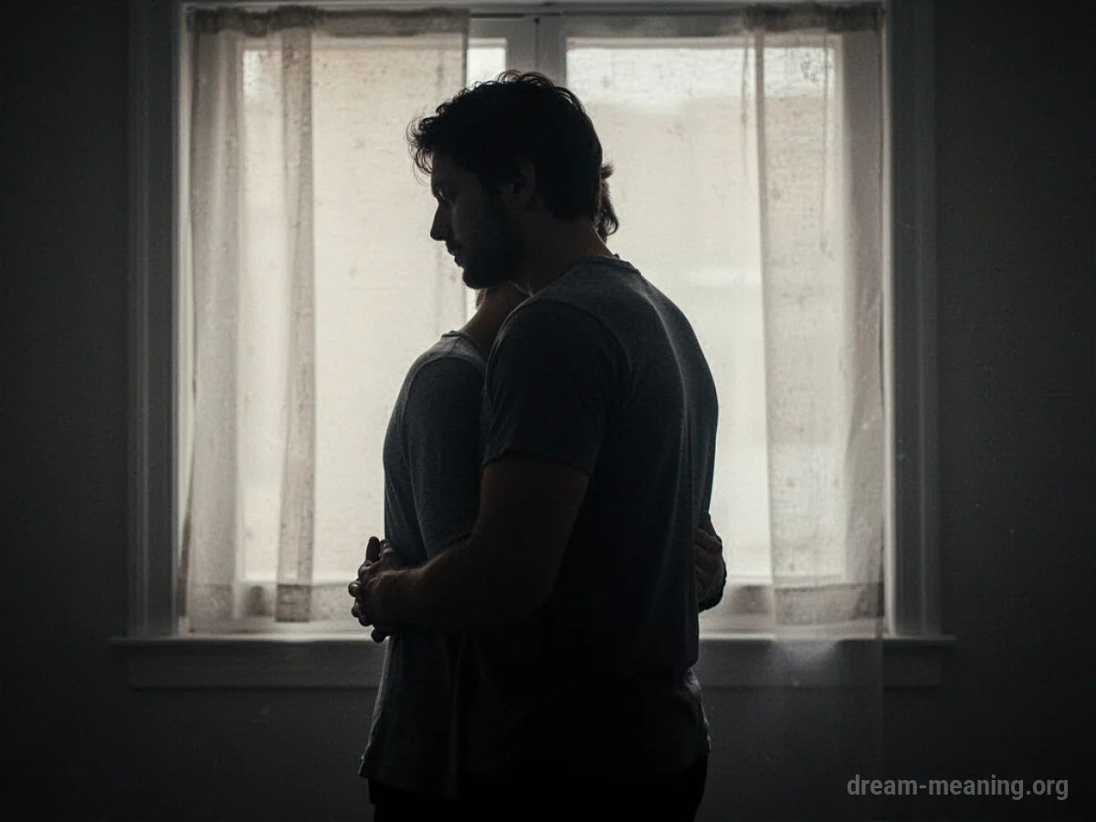 Silhouette of one person shielding another.