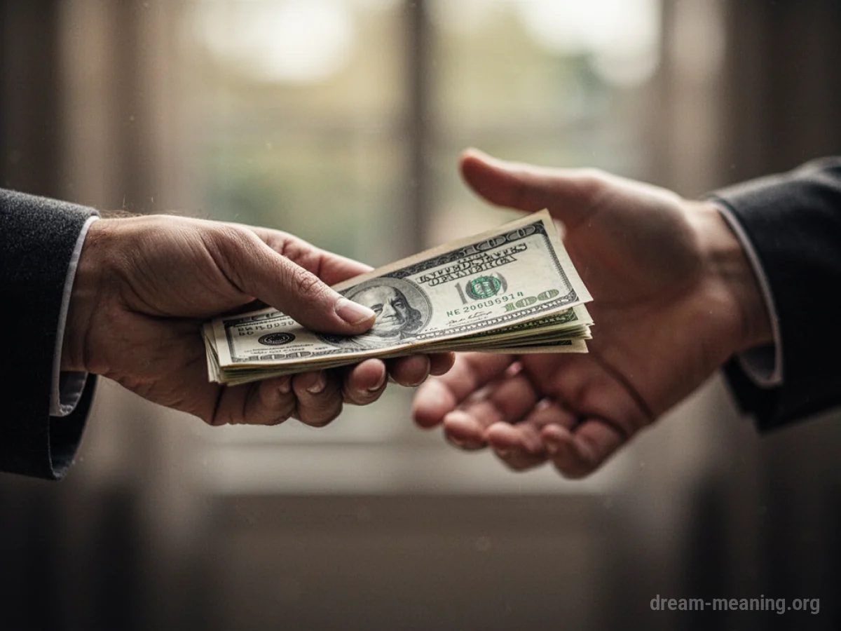 A hand offering currency to another hand that is angled away.