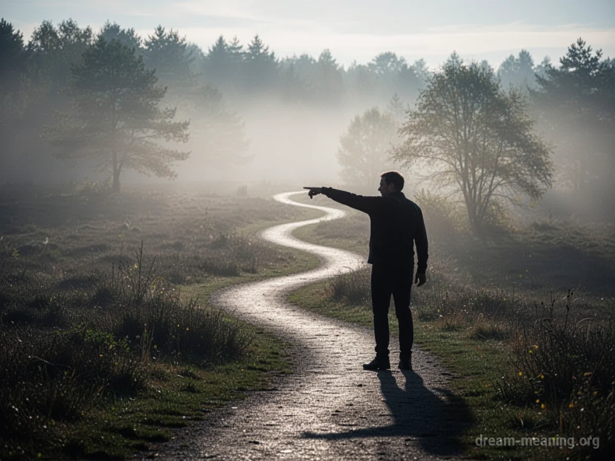 A person points towards a path ahead.