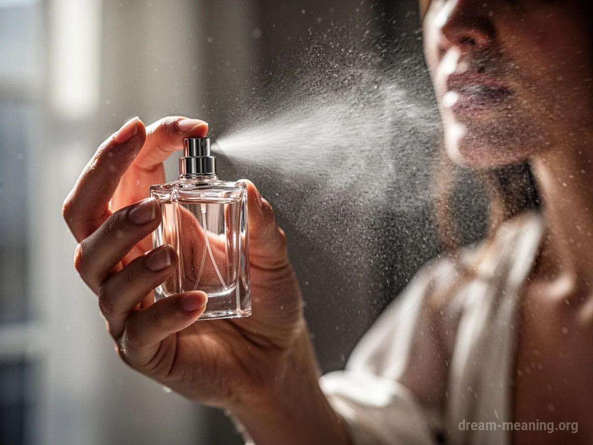 A hand holding a perfume bottle spraying mist.