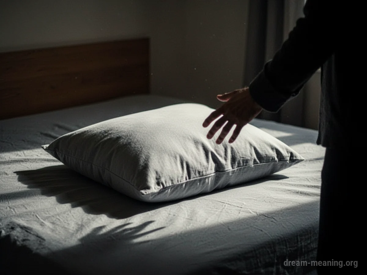 A shadowy hand reaching for a pillow on a bed.
