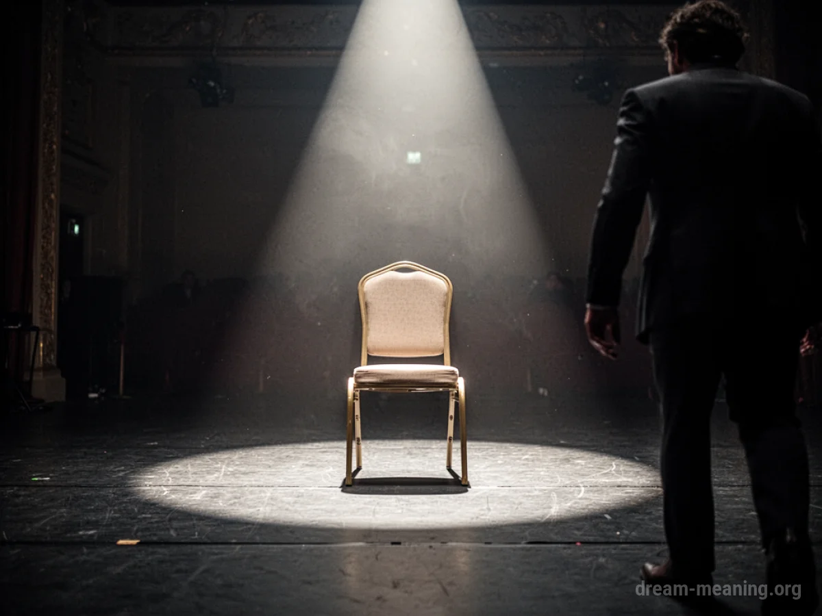 An empty chair illuminated by a single spotlight on a stage.