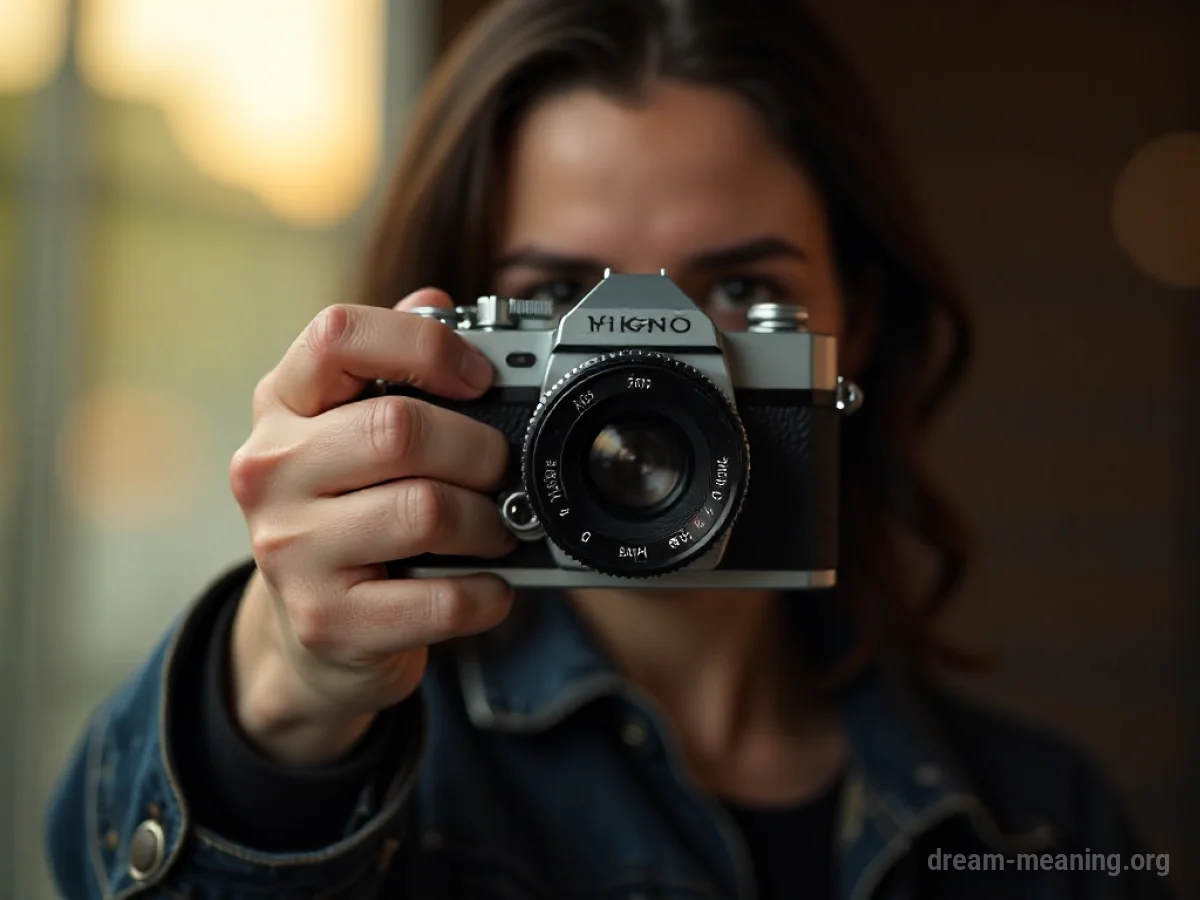 A hand holding an old-fashioned camera pointing forward.