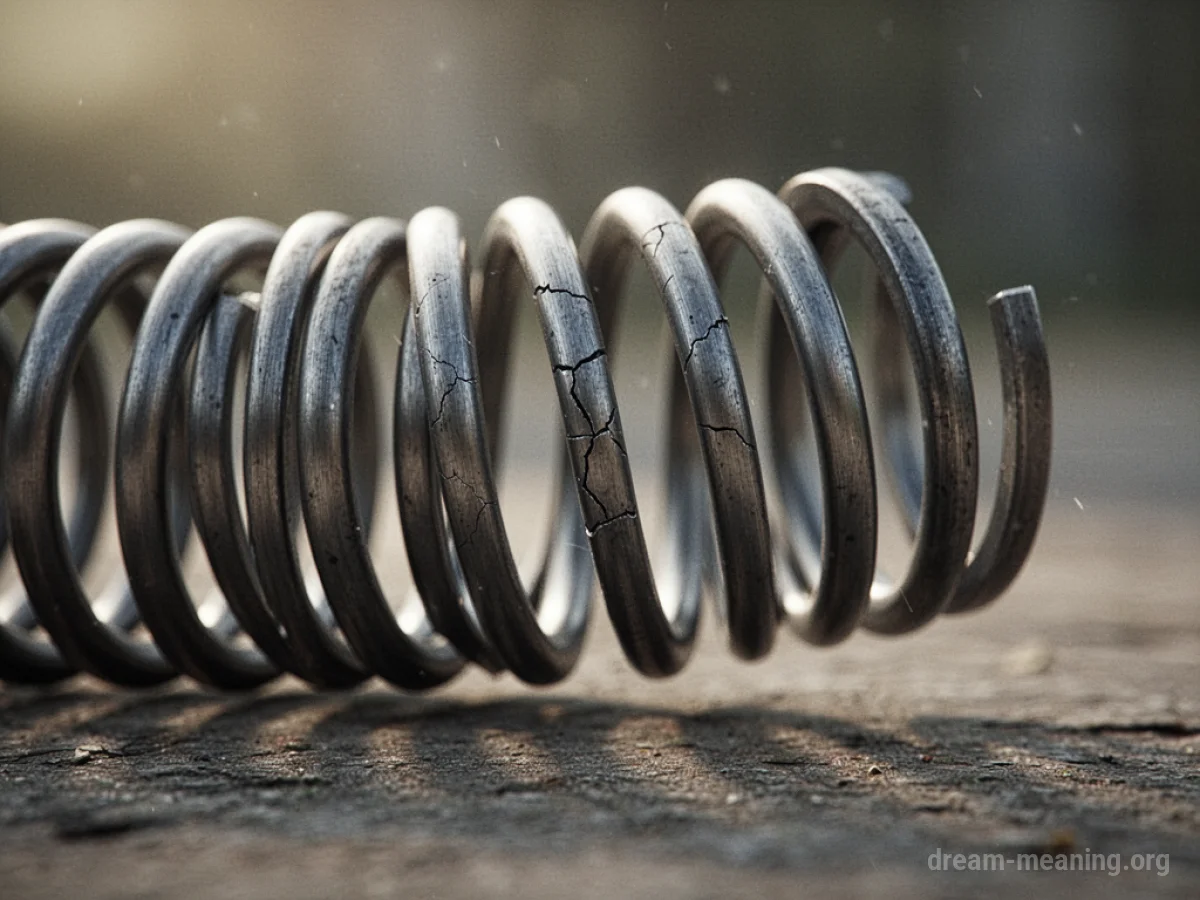 A close-up of a metal spring under extreme tension, showing signs of stress.